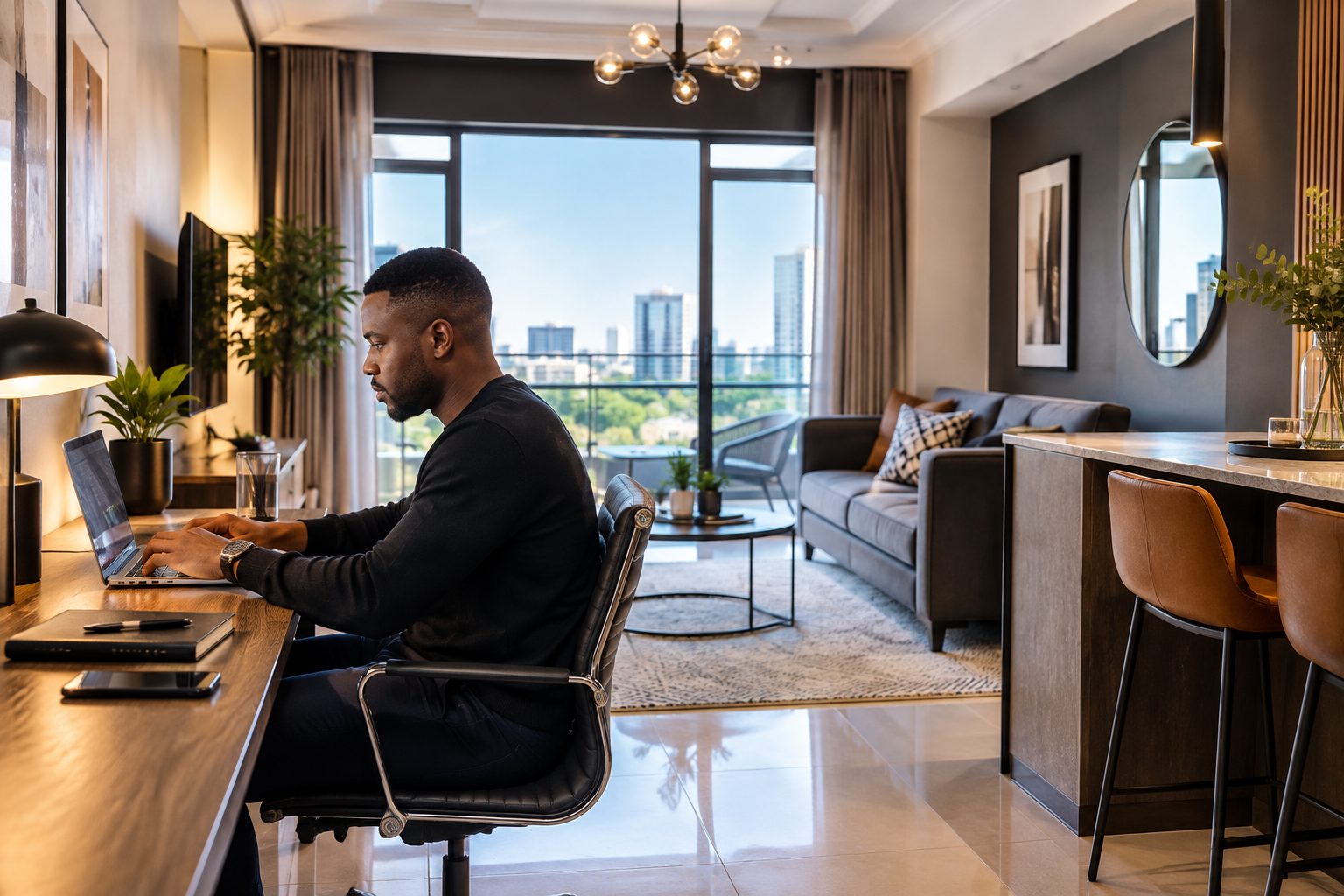 Professional working from a furnished corporate apartment with city views